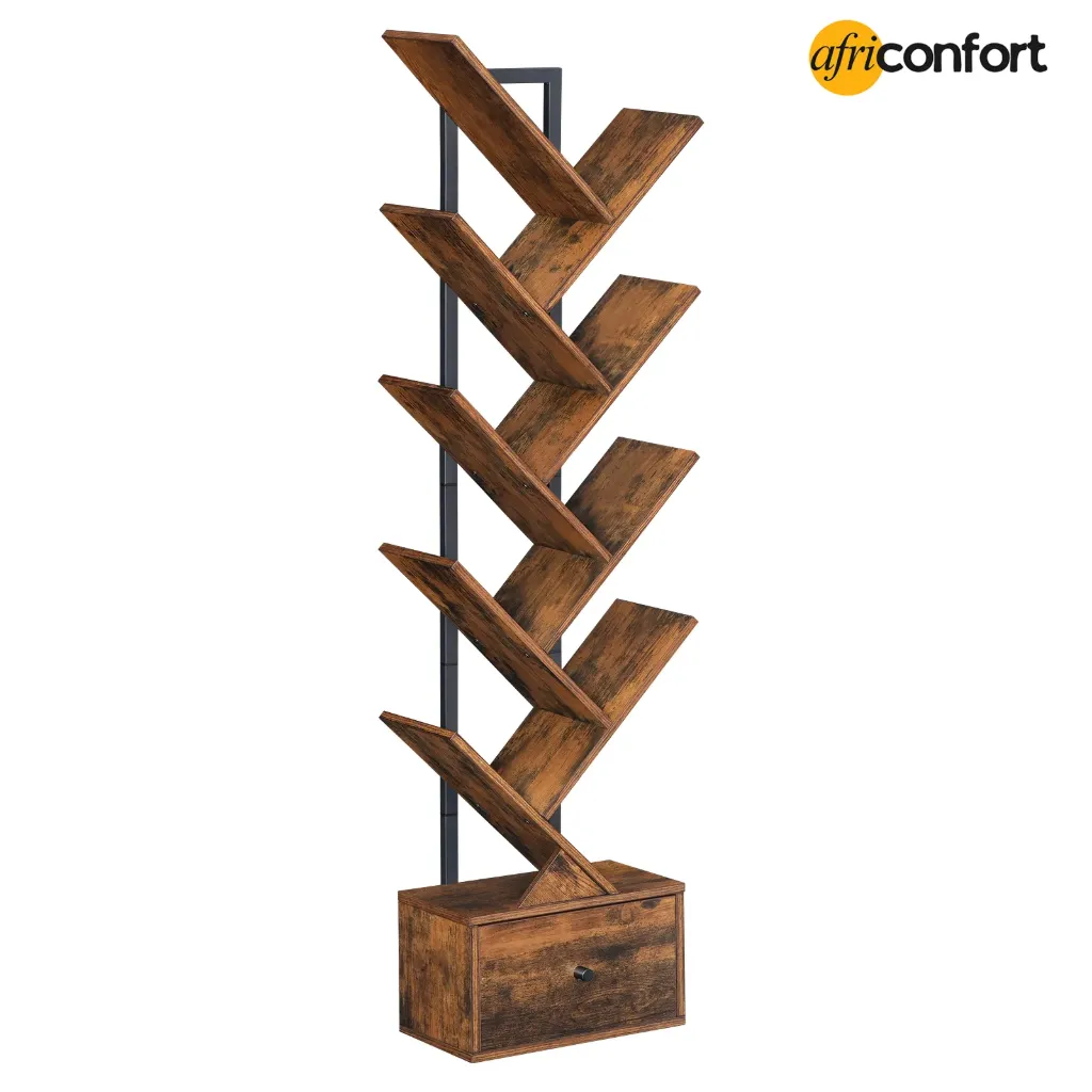 Etagère sur pied à 9 niveaux avec tiroir, bibliothèque en forme d'arbre, étagère à DVD, tour de lecture autoportante pour salon, chambre, bureau, marron vintage
