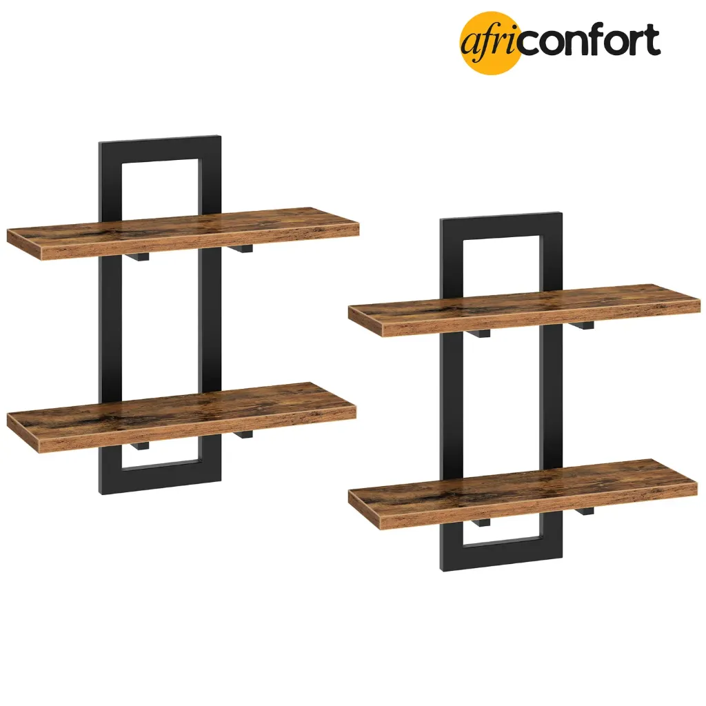 Étagères Flottantes, Étagères Murales de 38 cm, Lot de 2, Étagères Murales à 2 Niveaux, Étagères Suspendues pour Salon, Chambre, Salle de Bain, Cuisine, Marron Rustique et Noir