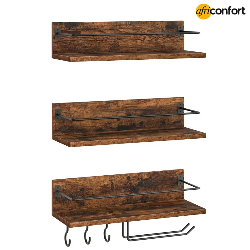 Lot de 3 étagères murales à vin, étagères flottantes suspendues, porte-verres à pied, pour salon, salle à manger, cuisine, marron rustique et noir