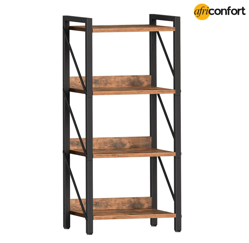 Étagère, bibliothèque industrielle à 4 niveaux, étagère de rangement pour livres, petite étagère avec structure en métal pour salon, chambre, bureau, cuisine, marron rustique et noir
