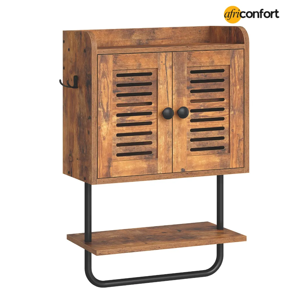 Armoire de salle de bain murale, armoire à pharmacie à double porte avec porte-serviettes, étagère réglable, 2 crochets, meuble de rangement à placer au-dessus des toilettes, pour chambre ou cuisine, marron rustique