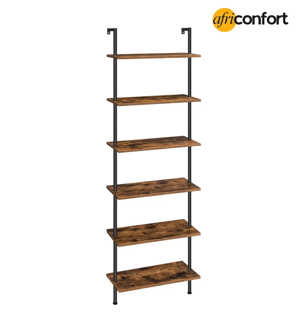 Étagère échelle murale à 6 niveaux, bibliothèque verticale de bureau, étagères de rangement en bois pour bureau à domicile, chambre, marron rustique et noir