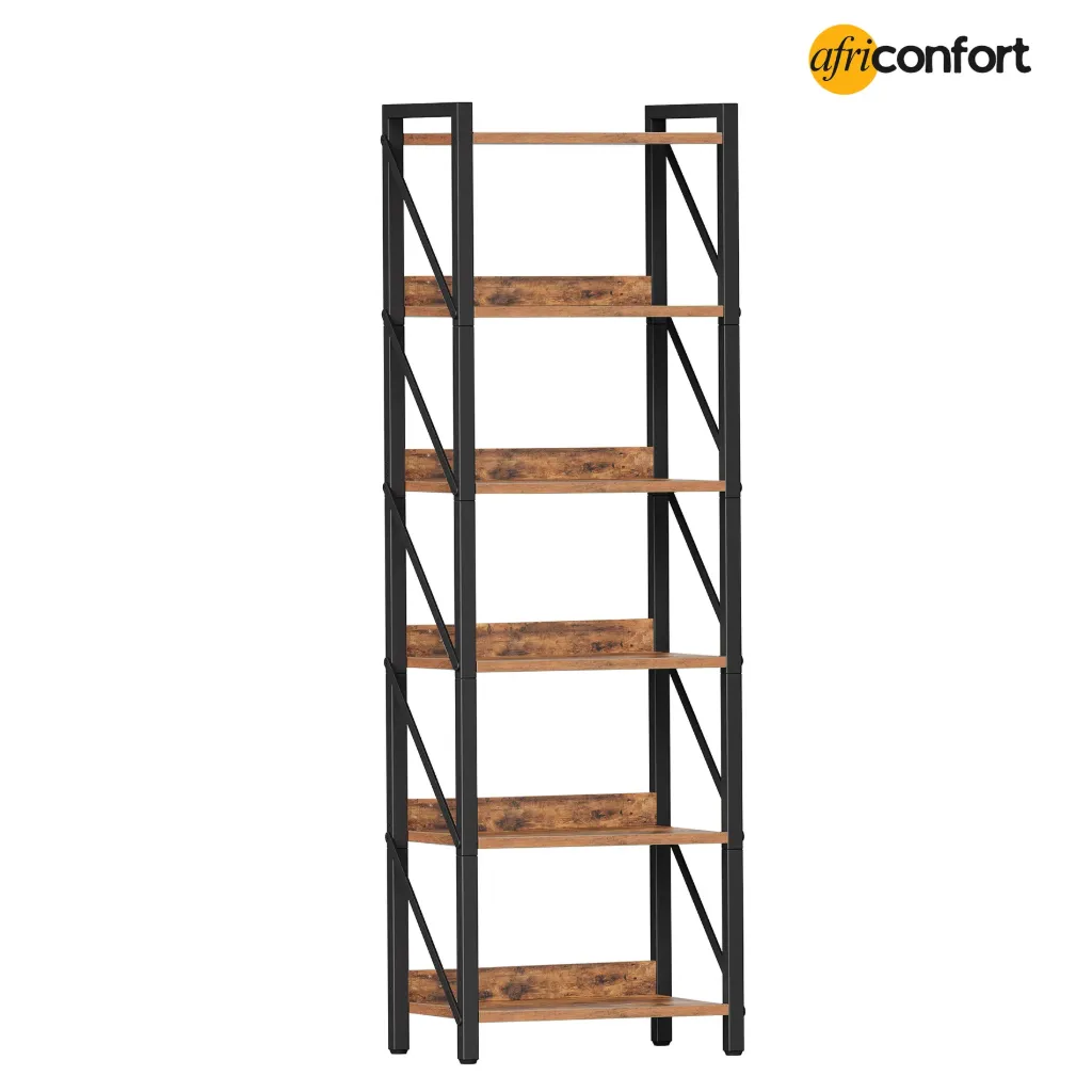Bibliothèque industrielle à 6 niveaux, étagère de rangement pour livres, haute bibliothèque avec structure en métal pour salon, chambre, bureau, cuisine, marron rustique et noir