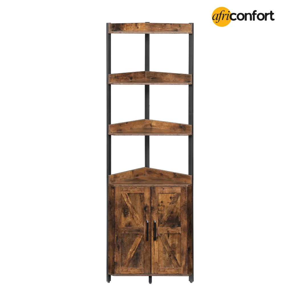 Étagère d'angle avec rangement, meuble d'angle haut, étagère à 5 niveaux, meuble de rangement avec barrière de protection, pour salon, marron rustique et noir