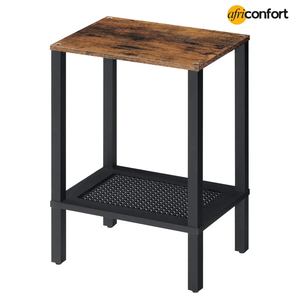 Table d'appoint, petite table de chevet avec étagères de rangement à 2 niveaux, décor en imitation rotin, pour salon, chambre, marron rustique et noir