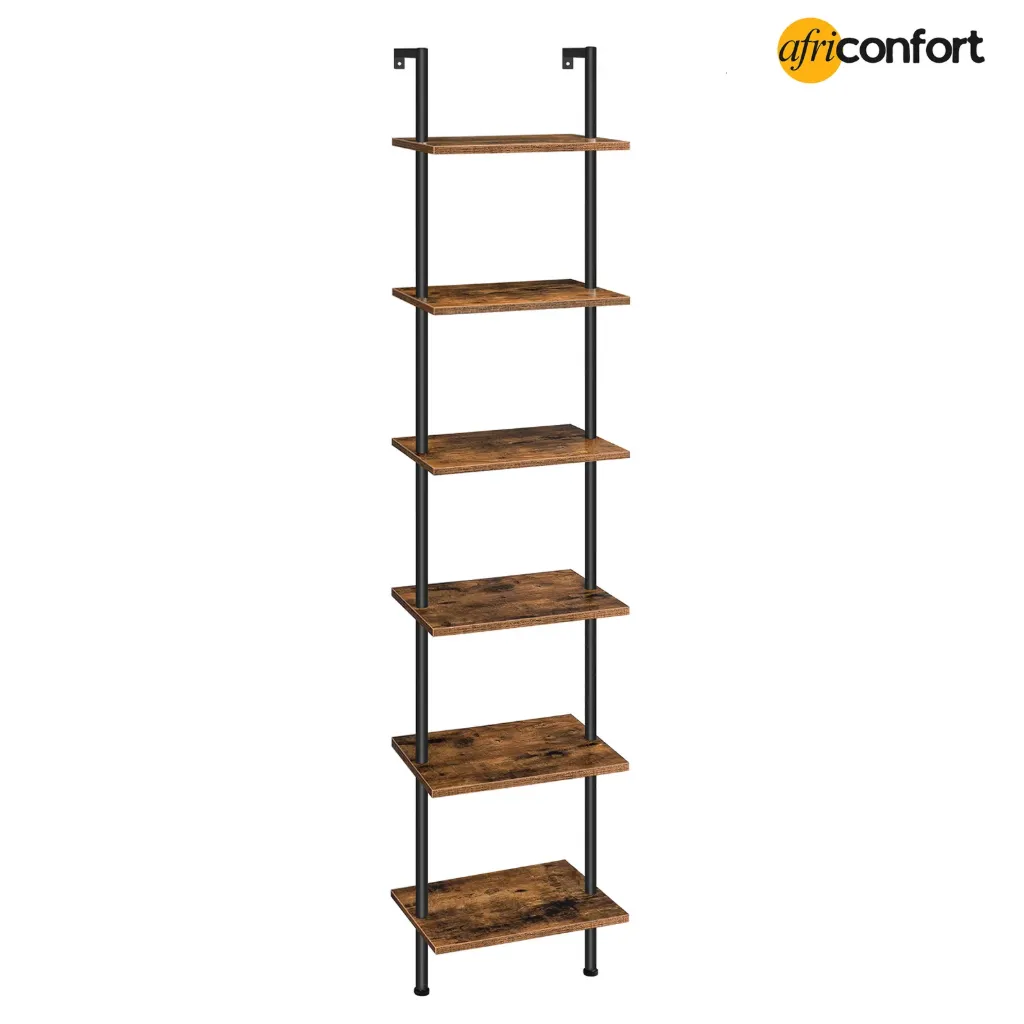 Étagère Murale en Bois d’ingénierie à 6 Niveaux, Bibliothèque Étroite, Présentoir, Étagère de Rangement, Support pour Plantes, pour Salon, Bureau, Marron Rustique