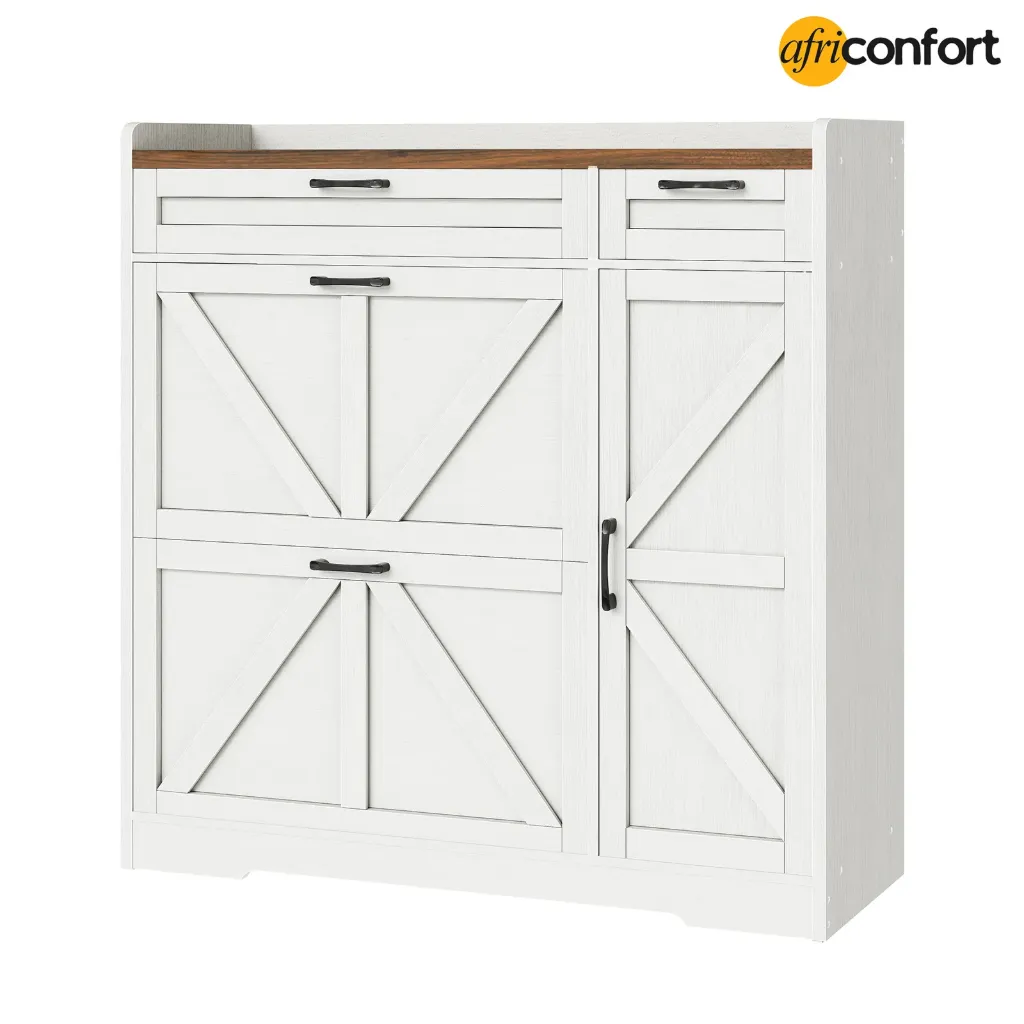 Meuble à chaussures pour entrée, meuble de rangement pour chaussures autoportant avec 2 tiroirs rabattables, à chaussures étroit avec armoire latérale réglable, style campagnard, blanc et noyer