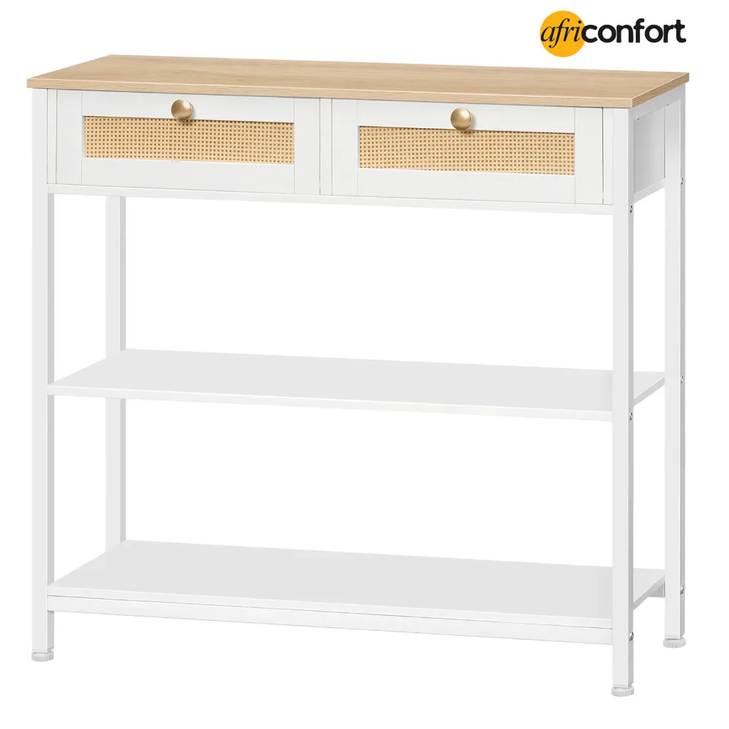Table console en rotin blanc à 3 niveaux avec 2 tiroirs rabattables et étagères de rangement, espace de rangement ouvert et caché, décoration tissée, blanc et naturel