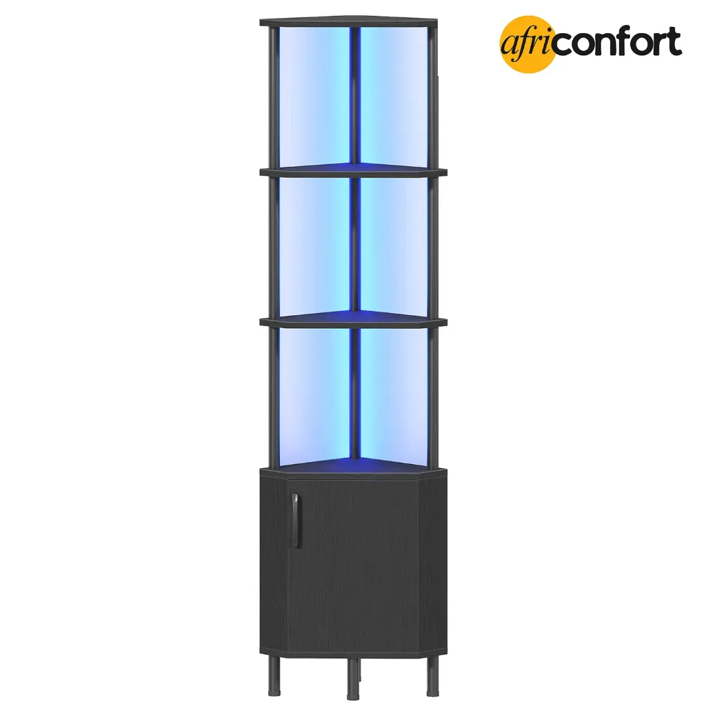 [BB147DCJ01] Meuble d'angle avec éclairage LED, étagère d'angle avec rangement et portes, bibliothèque d'angle industrielle à 5 niveaux, étagère de présentation de 150 cm de haut, pour salon, cuisine, noir: 30*30*147.7cm