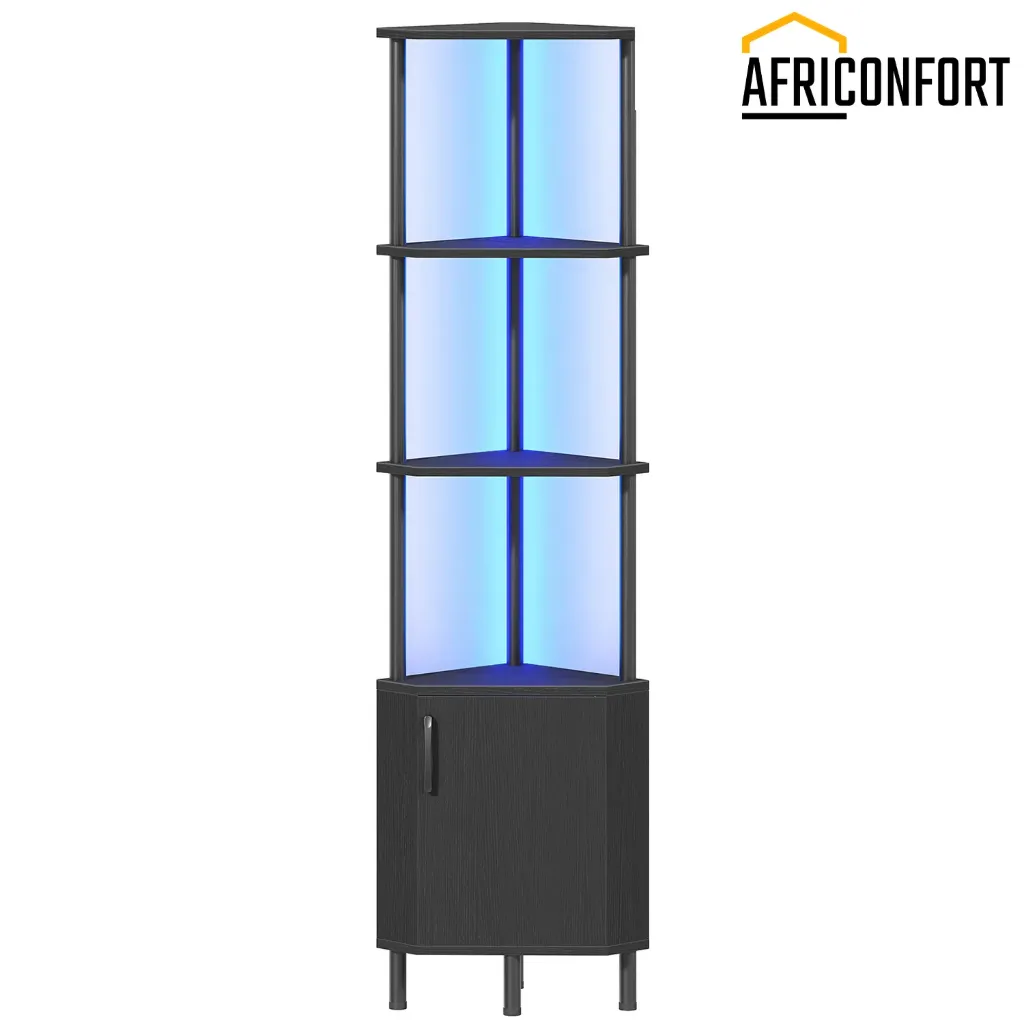 [BB147DCJ01] Meuble d'angle avec éclairage LED, étagère d'angle avec rangement et portes, bibliothèque d'angle industrielle à 5 niveaux, étagère de présentation de 150 cm de haut, pour salon, cuisine, noir: 30*30*147.7cm