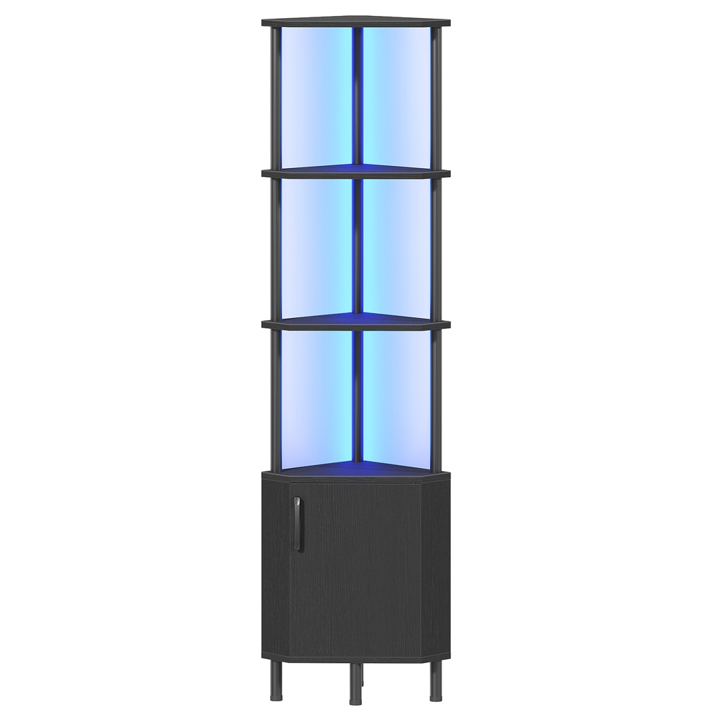 [BB147DCJ01] Meuble d'angle avec éclairage LED, étagère d'angle avec rangement et portes, bibliothèque d'angle industrielle à 5 niveaux, étagère de présentation, pour salon, cuisine, noir: 30x30x148cm