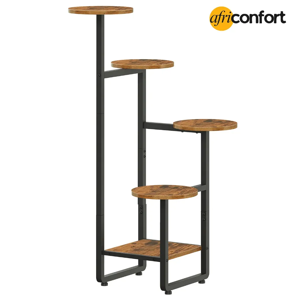 [BF07HJ01] Support pour plantes d'intérieur, étagère d'angle à 5 niveaux pour plusieurs plantes d'intérieur, étagère ronde pour salon, balcon, terrasse, marron rustique et noir: 30*30*102cm
