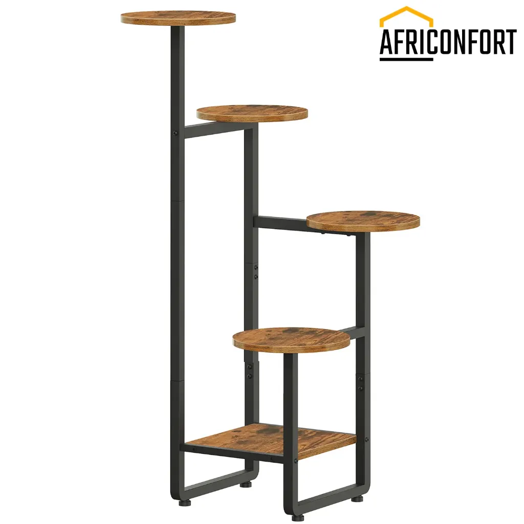 [BF07HJ01] Support pour plantes d'intérieur, étagère d'angle à 5 niveaux pour plusieurs plantes d'intérieur, étagère ronde pour salon, balcon, terrasse, marron rustique et noir: 30*30*102cm