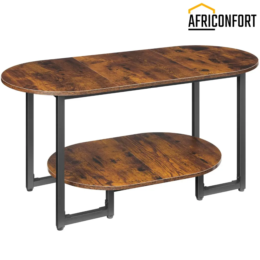 [BF09KF01] Table basse pour salon, table basse ovale avec étagère de rangement ouverte à 2 niveaux, table basse industrielle style cocktail, table basse de bureau en bois, style ferme, bureau à domicile, marron rustique: 90*40*44cm