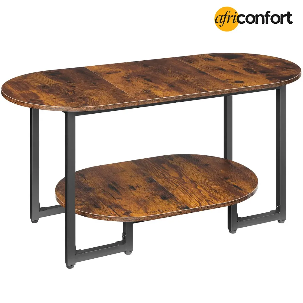 [BF09KF01] Table basse pour salon, table basse ovale avec étagère de rangement ouverte à 2 niveaux, table basse industrielle style cocktail, table basse de bureau en bois, style ferme, bureau à domicile, marron rustique: 90*40*44cm