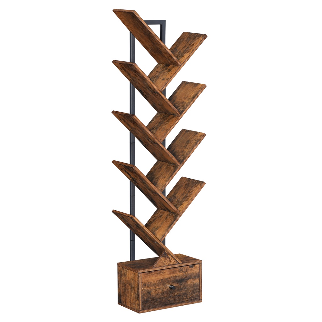[BF18SJ01G1] Bibliothèque avec tiroir, étagère sur pied à 9 niveaux, bibliothèque en forme d'arbre, étagère à DVD, tour de lecture autoportante pour salon, chambre, bureau, marron vintage: 34x19x135cm