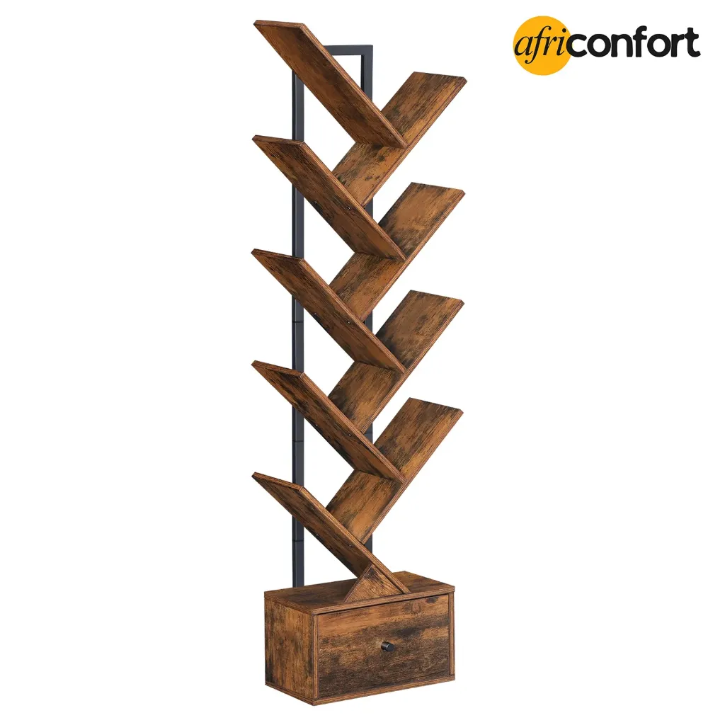 [BF18SJ01G1] Bibliothèque avec tiroir, étagère sur pied à 9 niveaux, bibliothèque en forme d'arbre, étagère à DVD, tour de lecture autoportante pour salon, chambre, bureau, marron vintage