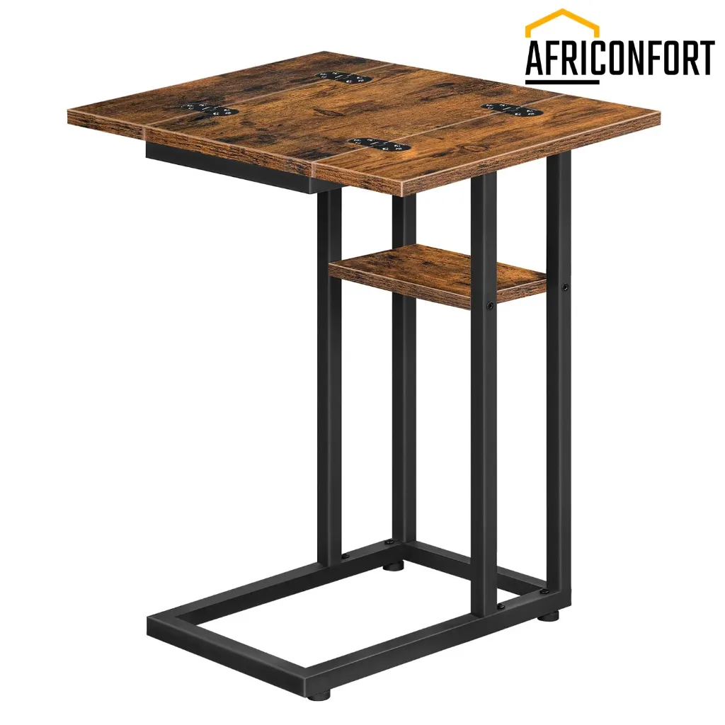 [BF29SF01] Table d'appoint pliable, table de chevet en forme de C avec étagère de rangement, petite table pour les petits espaces (salon, chambre), montage facile, marron rustique: 52*39*62.5cm