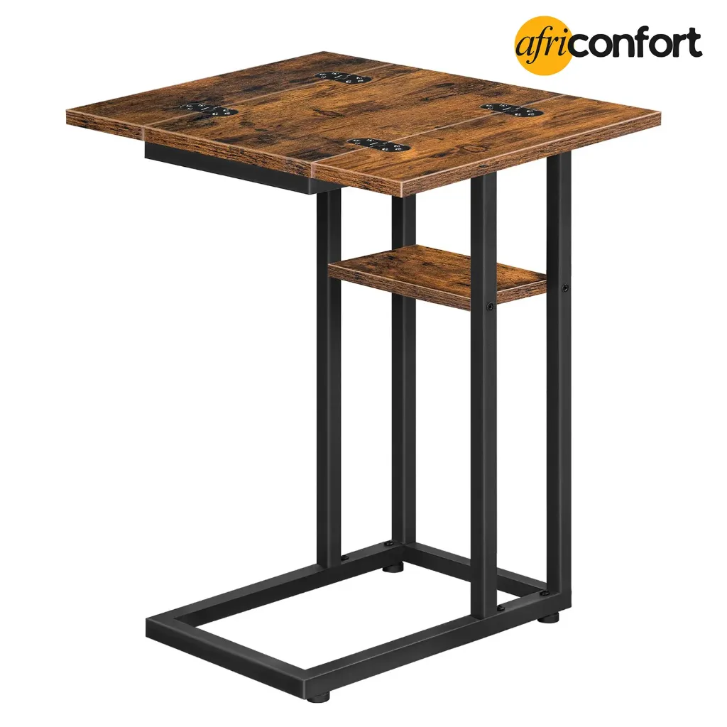 [BF29SF01] Table d'appoint pliable, table de chevet en forme de C avec étagère de rangement, petite table pour les petits espaces (salon, chambre), montage facile, marron rustique: 52*39*62.5cm