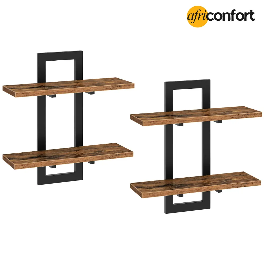 [BF32BJ01] Lot de deux étagères Flottantes, Murales de 38 cm, Étagères Murales à 2 Niveaux, Étagères Suspendues pour Salon, Chambre, Salle de Bain, Cuisine, Marron Rustique et Noir: 40*38*13.5