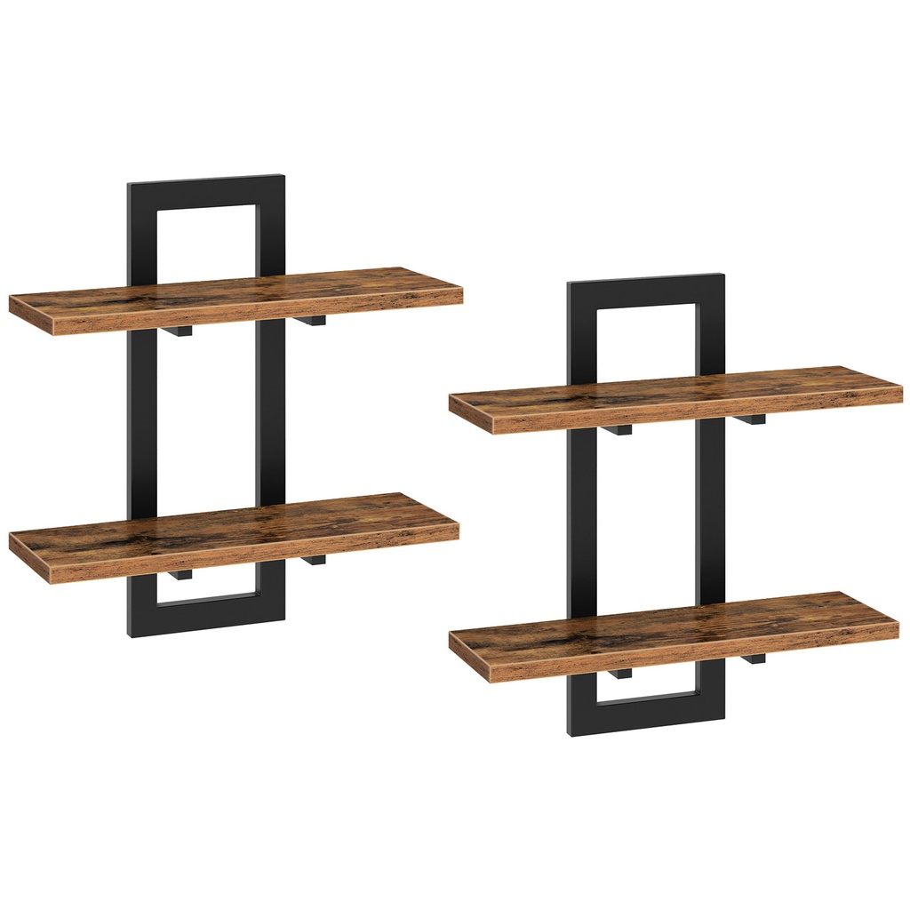 Lot de deux étagères Flottantes, Murales de 38 cm, Étagères Murales à 2 Niveaux, Étagères Suspendues pour Salon, Chambre, Salle de Bain, Cuisine, Marron Rustique et Noir: 38x14x40 cm