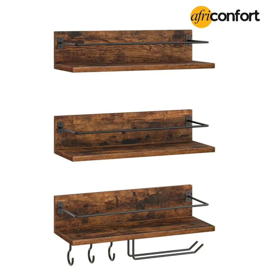 [BF33BJ01] Lot de 3 étagères murales à vin, étagères flottantes suspendues, porte-verres à pied, pour salon, salle à manger, cuisine, marron rustique et noir: 38*15*10cm