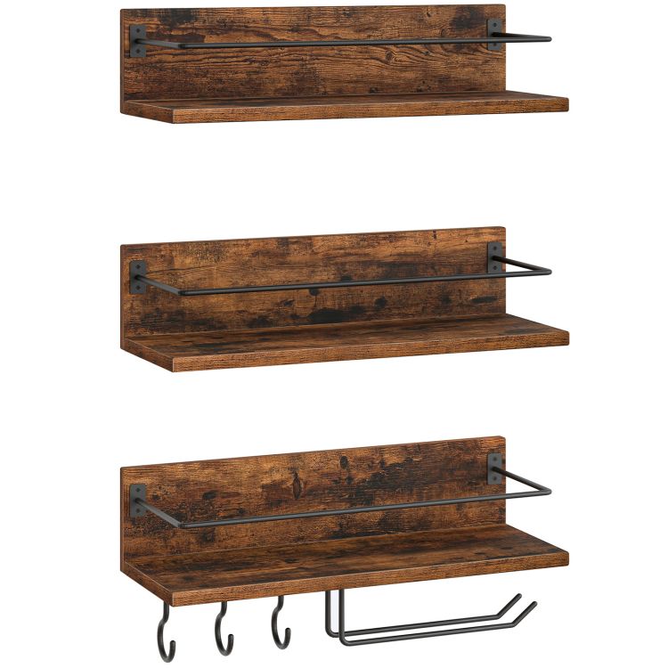Lot de 3 étagères murales à vin, étagères flottantes suspendues, porte-verres à pied, pour salon, salle à manger, cuisine, marron rustique et noir: 38x15x10cm