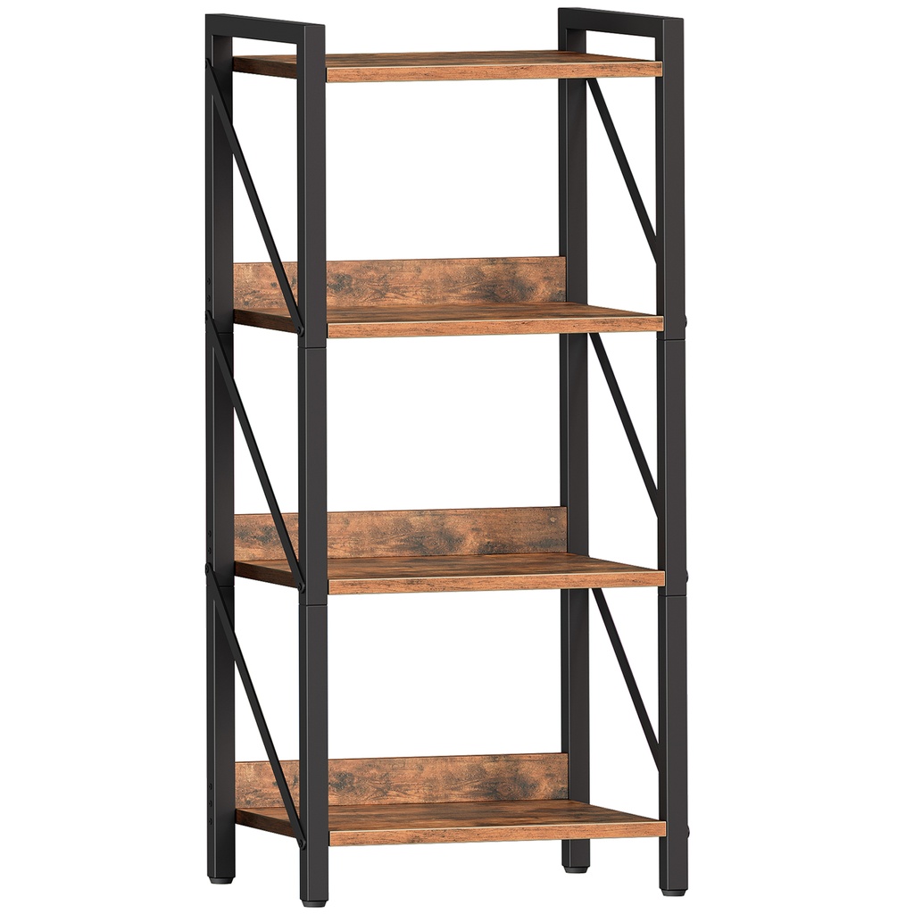 [BF40SJ01] Etagère à 4 Niveaux, Étagère d’Angle Industrielle, Présentoir avec Rangement, Cadre métallique, pour Salon, Chambre, Bureau, Cuisine, entrée, Marron Rustique et Noir: 42x28x102cm
