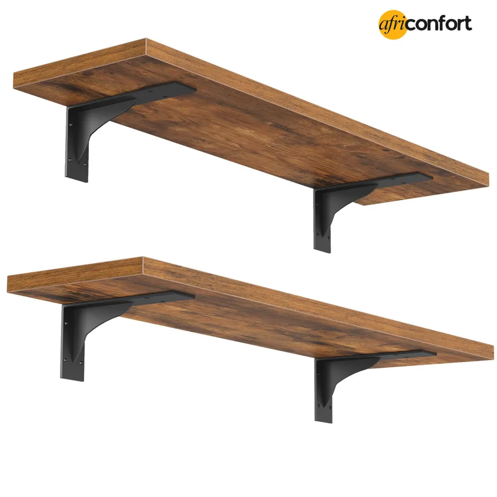[BF42BJP201G1] Lot de deux étagères murales flottantes, lot de 2 étagères murales, étagère de rangement suspendue avec supports métalliques, étagère en bois pour salon, chambre, salle de bain, brun rustique et noir: 40*20*10cm