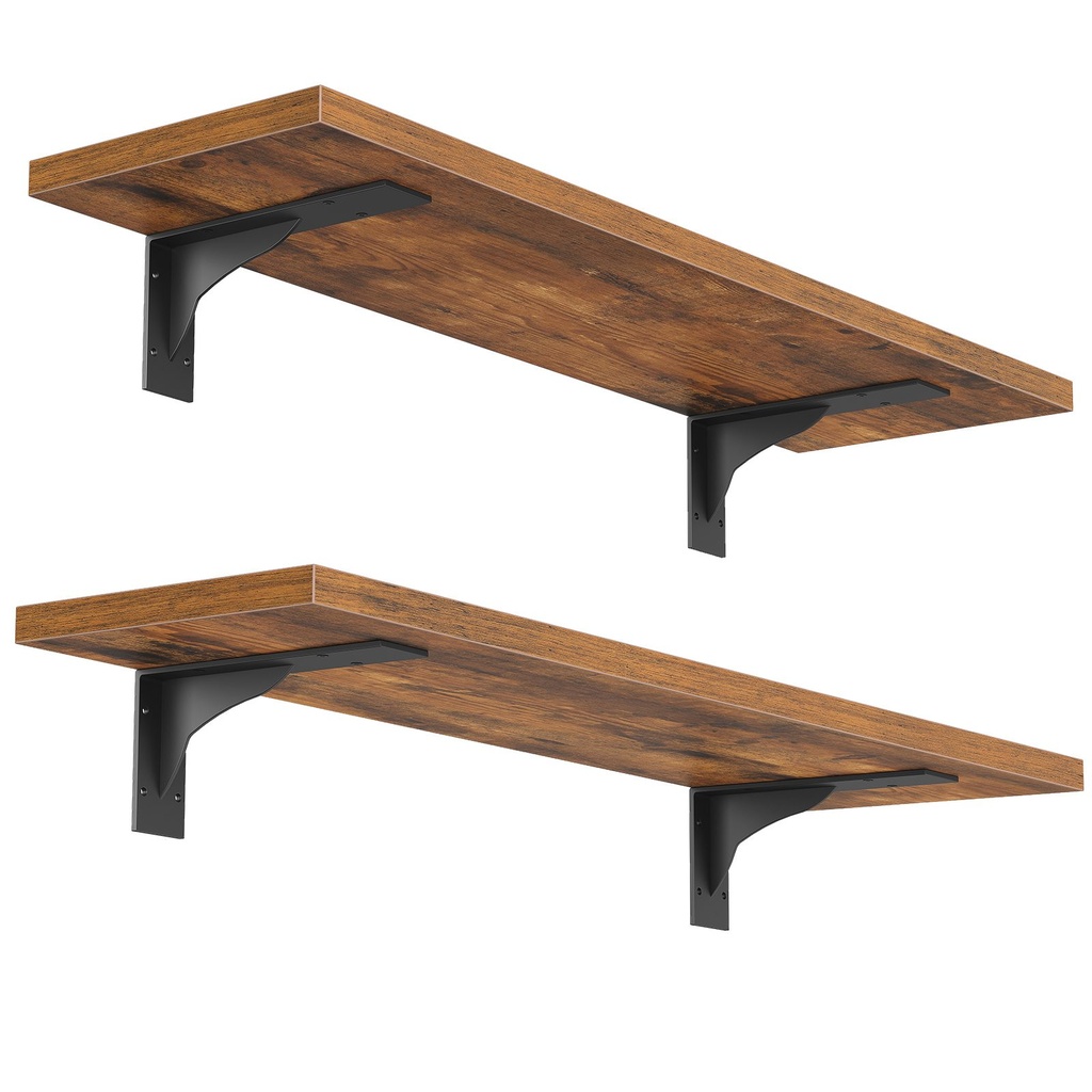 Lot de deux étagères murales flottantes, lot de 2 étagères murales, étagère de rangement suspendue avec supports métalliques, étagère en bois pour salon, chambre, salle de bain, brun rustique et noir: 40x20x10cm