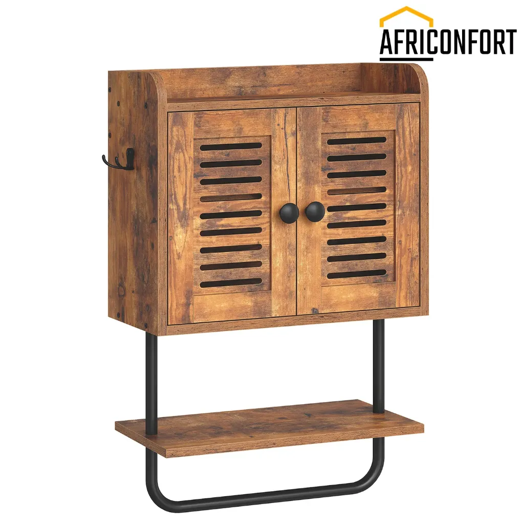 [BF46CW01] Armoire de salle de bain murale, armoire à pharmacie à double porte avec porte-serviettes, étagère réglable, 2 crochets, meuble de rangement à placer au-dessus des toilettes, pour chambre ou cuisine, marron rustique : 40 *17,5* 61cm