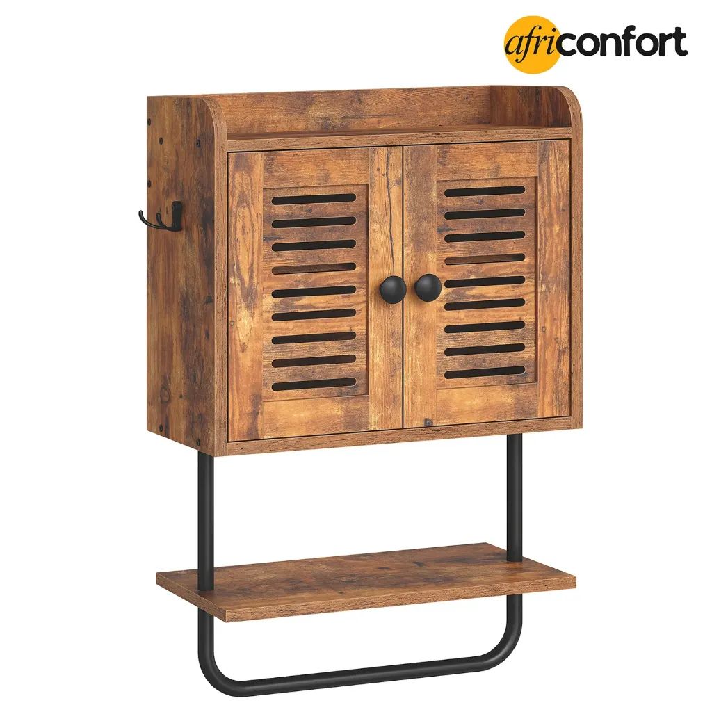 Armoire de salle de bain murale, armoire à pharmacie à double porte avec porte-serviettes, étagère réglable, 2 crochets, meuble de rangement à placer au-dessus des toilettes, pour chambre ou cuisine, marron rustique : 40 *17,5* 61cm