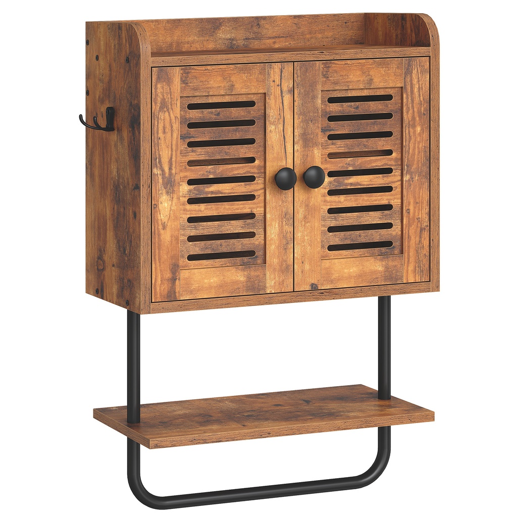 Armoire de salle de bain murale, armoire à pharmacie à double porte avec porte-serviettes, étagère réglable, 2 crochets, meuble de rangement au-dessus des toilettes, marron rustique : 40x18x61cm