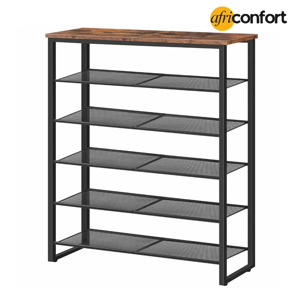 [BF50XJ01] Étagère à chaussures, rangement à chaussures à 5 niveaux avec 4 étagères en tissu Oxford et panneau supérieur, peut contenir 16 à 20 paires de chaussures, pour entrée et dressing, style industriel, marron rustique: 28,5*75 *75cm