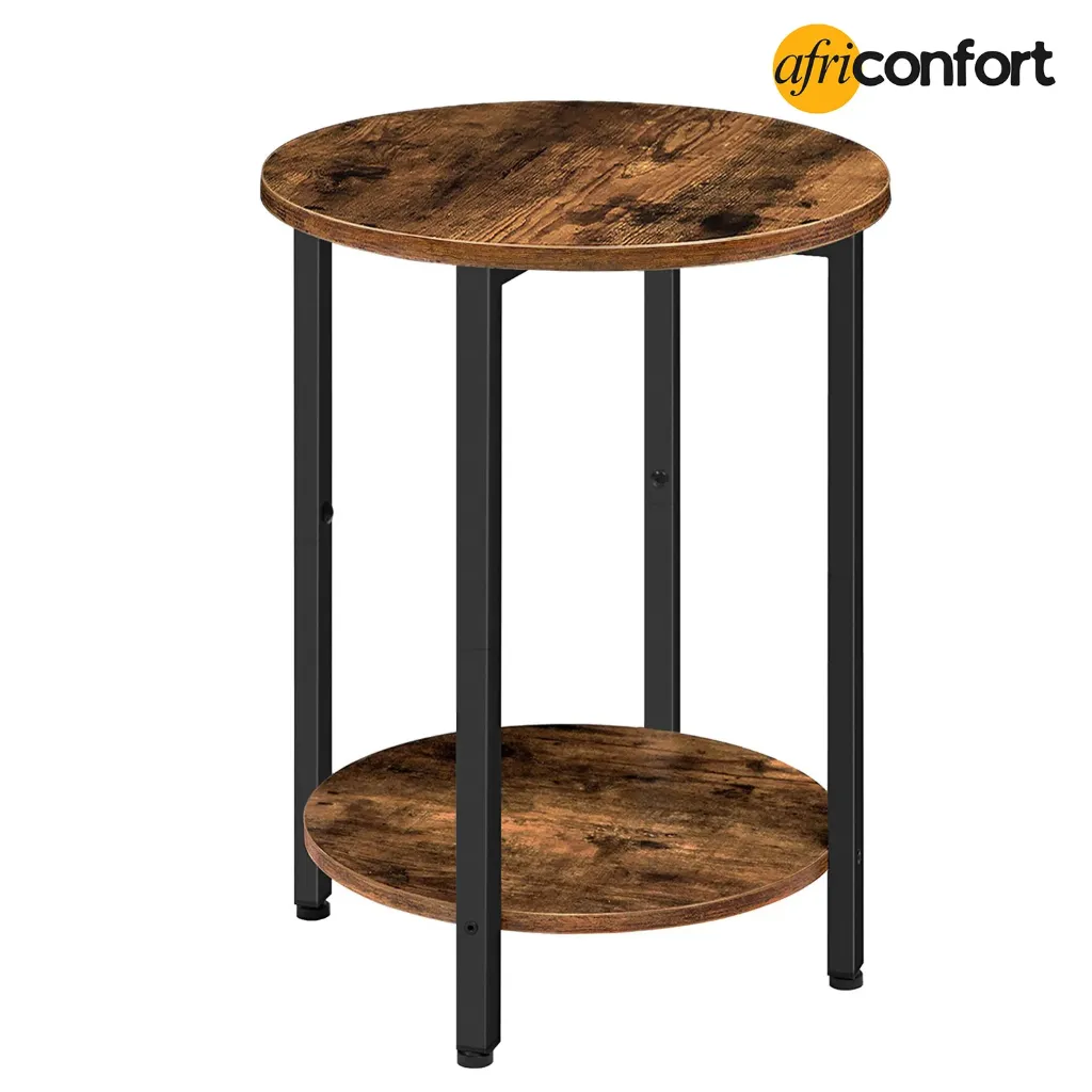 [BF58BZ01G1] Table d'appoint ronde , aspect bois, idéale pour canapé ou chambre, avec étagère de rangement à 2 niveaux. Convient aux petits espaces (salon, chambre), couleur marron rustique: 40*40*62cm