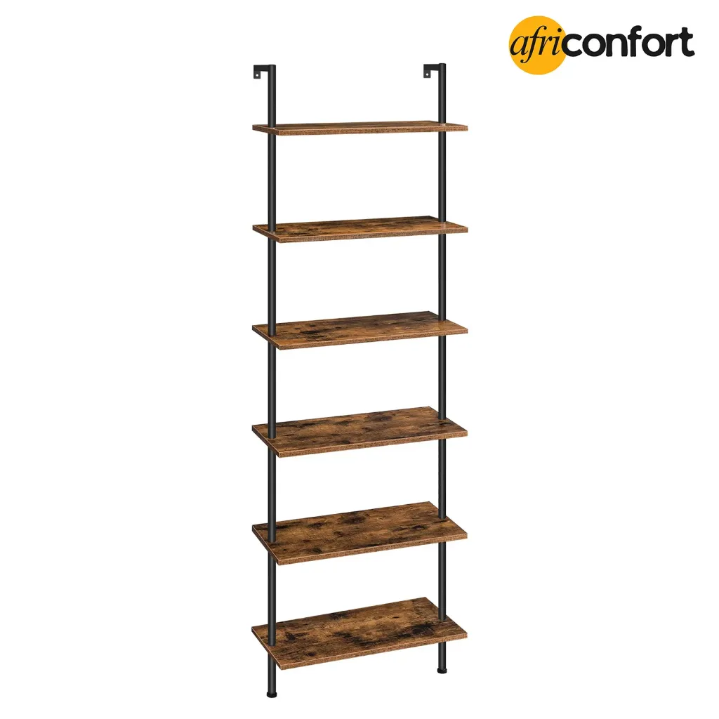 [BF65CJ01] Étagère échelle à monter soi-même, bibliothèque murale à 6 niveaux, bibliothèque verticale de bureau, étagères de rangement en bois pour bureau à domicile, chambre, marron rustique et noir: 60*24*200.5cm