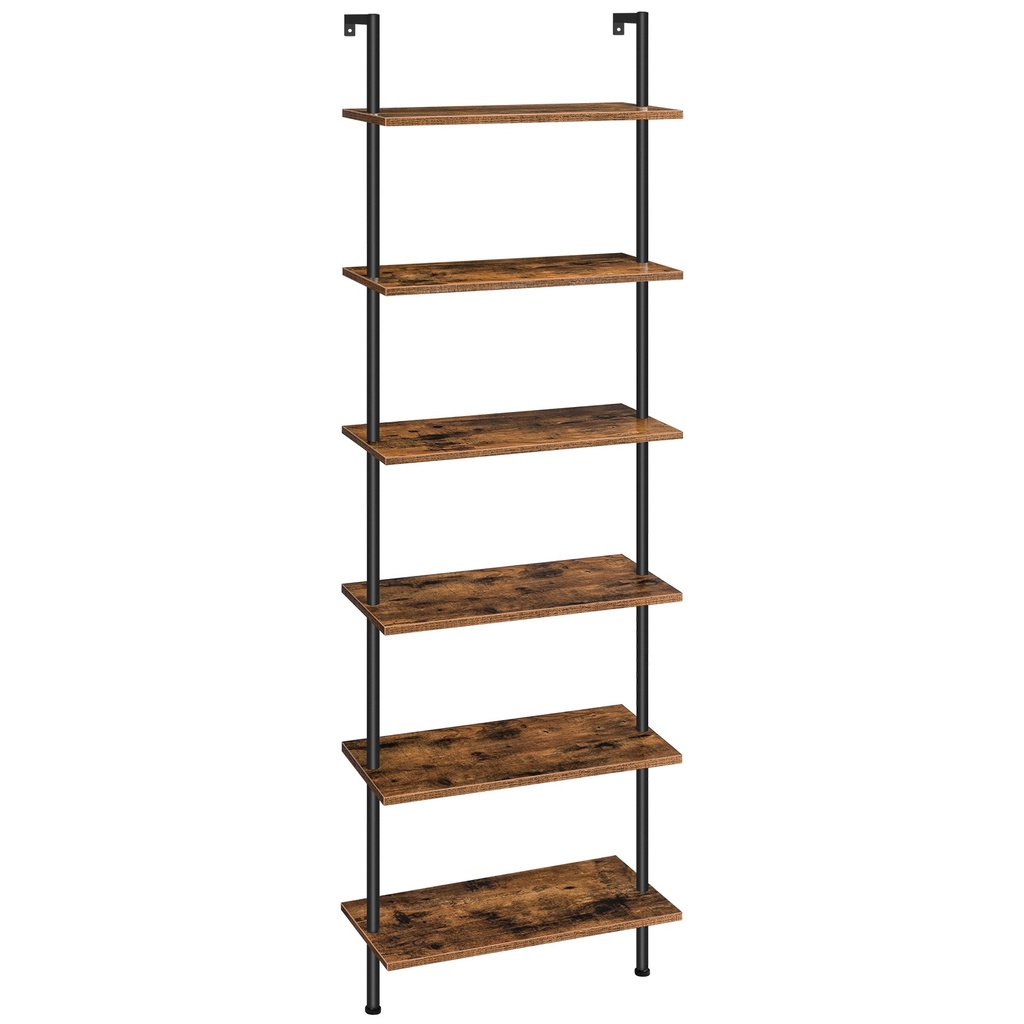 [BF65CJ01] Étagère échelle bibliothèque murale à 6 niveaux, bibliothèque verticale de bureau, étagères de rangement en bois pour bureau à domicile, chambre, marron rustique et noir: 60x24x200.5cm