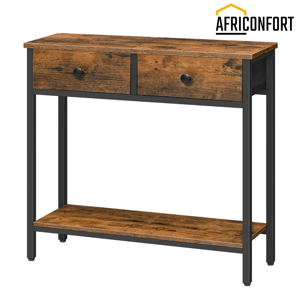 [BF71XG01] Console Meuble,  Table Console, Table d'Entrée avec 2 Tiroirs en Tissu, Table d’appoint, Bout de Canapé, pour Entrée, Salon, Style Industriel, Marron Rustique et Noir: 75*24*75cm