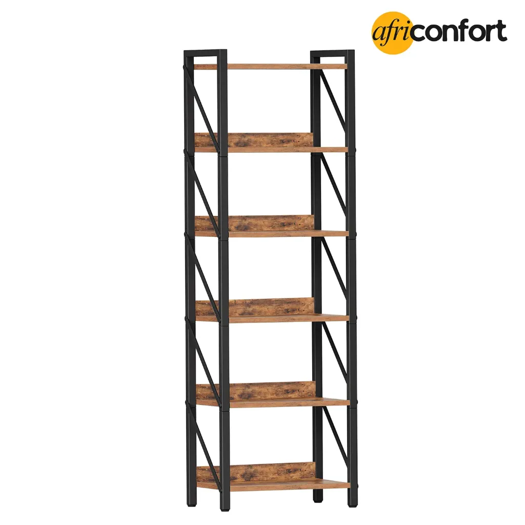 [BF72SJ01] Bibliothèque, bibliothèque industrielle à 6 niveaux, étagère de rangement pour livres, haute bibliothèque avec structure en métal pour salon, chambre, bureau, cuisine, marron rustique et noir: 42*28*162cm
