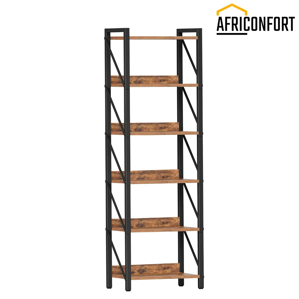 Bibliothèque, bibliothèque industrielle à 6 niveaux, étagère de rangement pour livres, haute bibliothèque avec structure en métal pour salon, chambre, bureau, cuisine, marron rustique et noir: 42*28*162cm