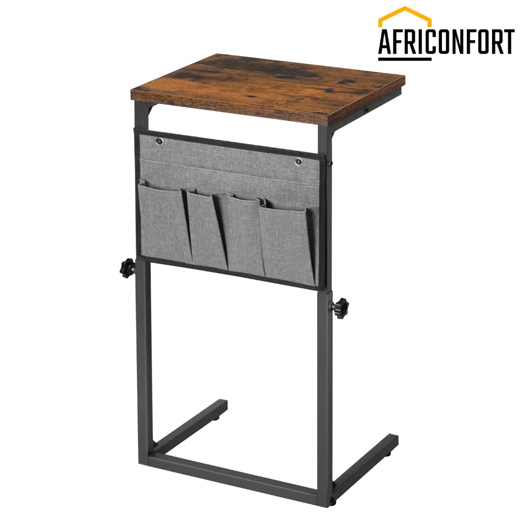 [BF77SF01] Table d'appoint en forme de C, pour canapé, table d'appoint à hauteur réglable pour petits espaces, table de canapé qui se glisse sous le canapé, pour salon, table de chevet, marron rustique et noir: 38*28*50 à 75cm