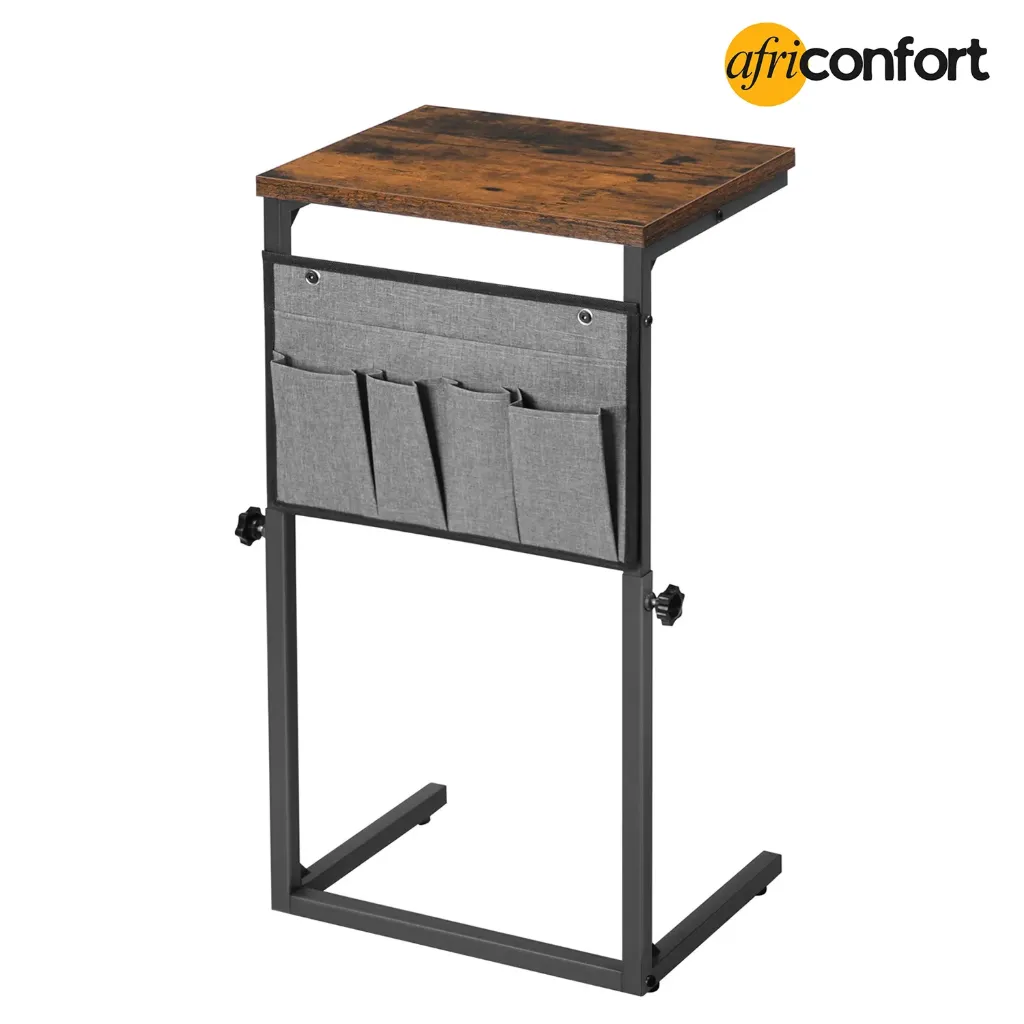 [BF77SF01] Table d'appoint en forme de C, pour canapé, table d'appoint à hauteur réglable pour petits espaces, table de canapé qui se glisse sous le canapé, pour salon, table de chevet, marron rustique et noir: 38*28*50 à 75cm