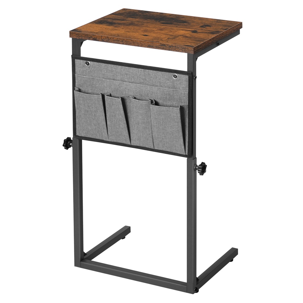 Table d'appoint en forme de C, table d'appoint à hauteur réglable pour petits espaces, table de canapé qui se glisse sous le canapé, table de chevet, marron rustique et noir: 38x28x50 à 75cm