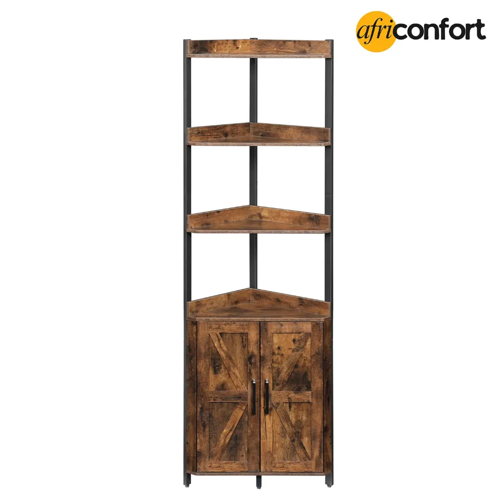 [BF78CJ01] Étagère d'angle avec rangement, meuble d'angle haut, étagère à 5 niveaux, meuble de rangement avec barrière de protection, pour salon, marron rustique et noir: 38.5*38.5*179cm