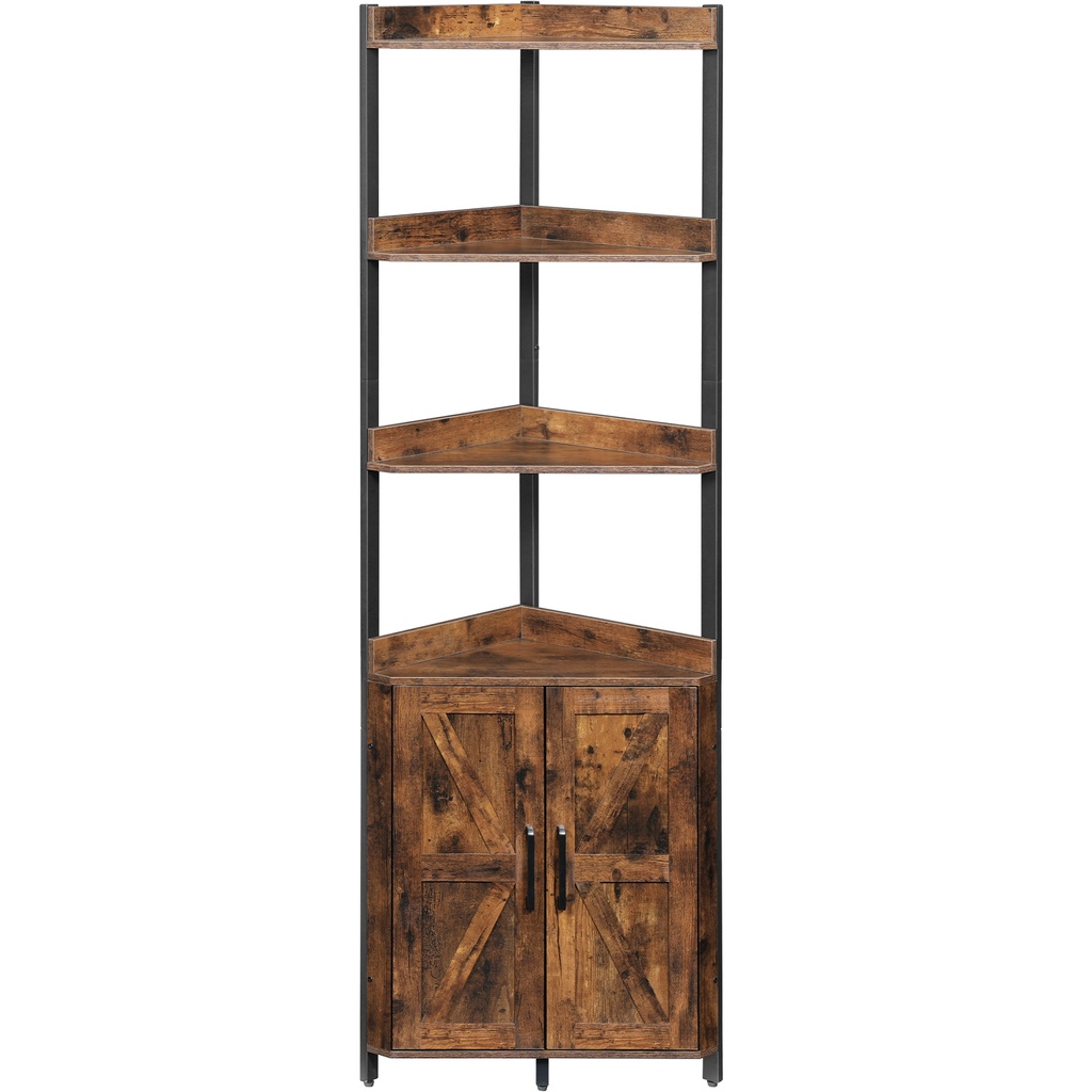[BF78CJ01] Étagère d'angle avec rangement, meuble d'angle haut, étagère à 5 niveaux, meuble de rangement avec barrière de protection, pour salon, marron rustique et noir: 39x39x179cm
