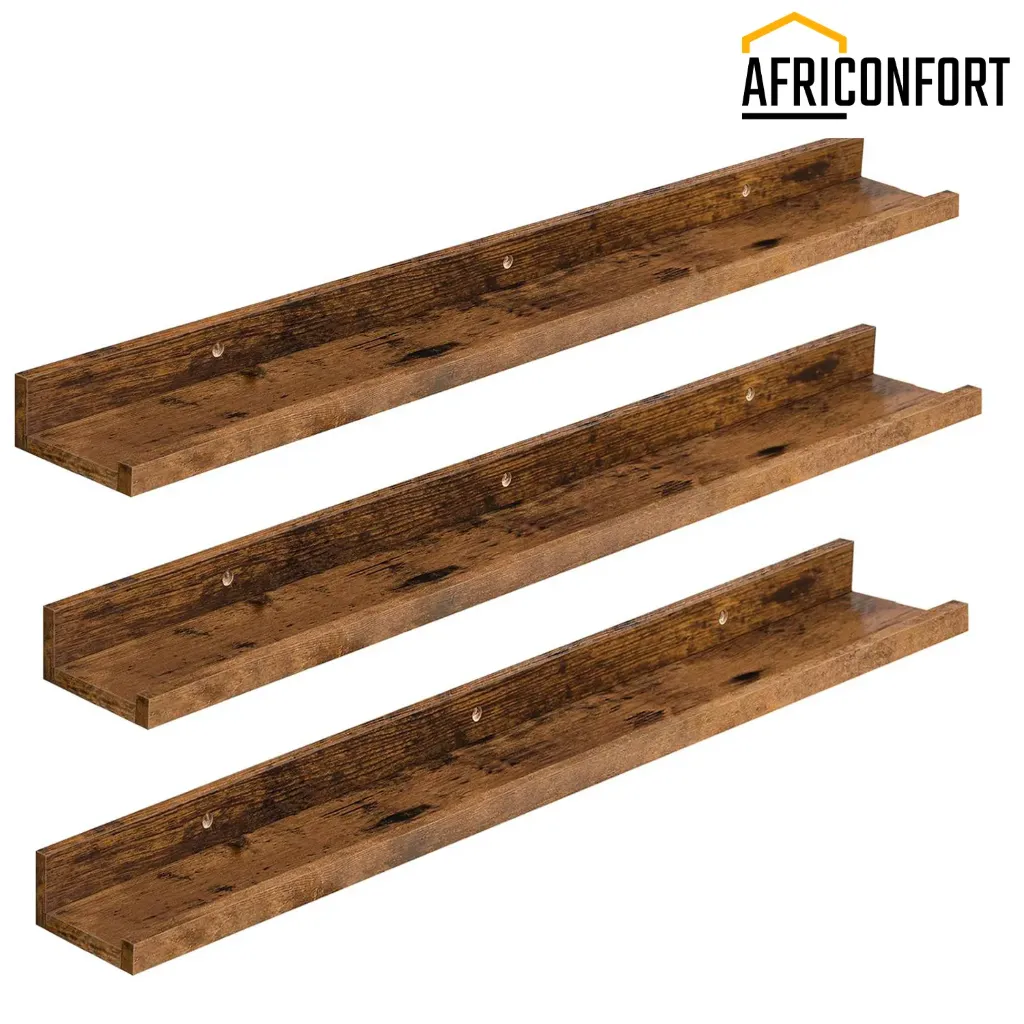 [BF90BJ01] Lot de trois étagères Flottantes, Étagères Murales, Lot de 3, Étagères Suspendues de 90 cm avec barrières surélevées et Attaches Invisibles, pour Salle de Bain, Chambre, Bureau, Marron Rustique: 90* 10*5cm