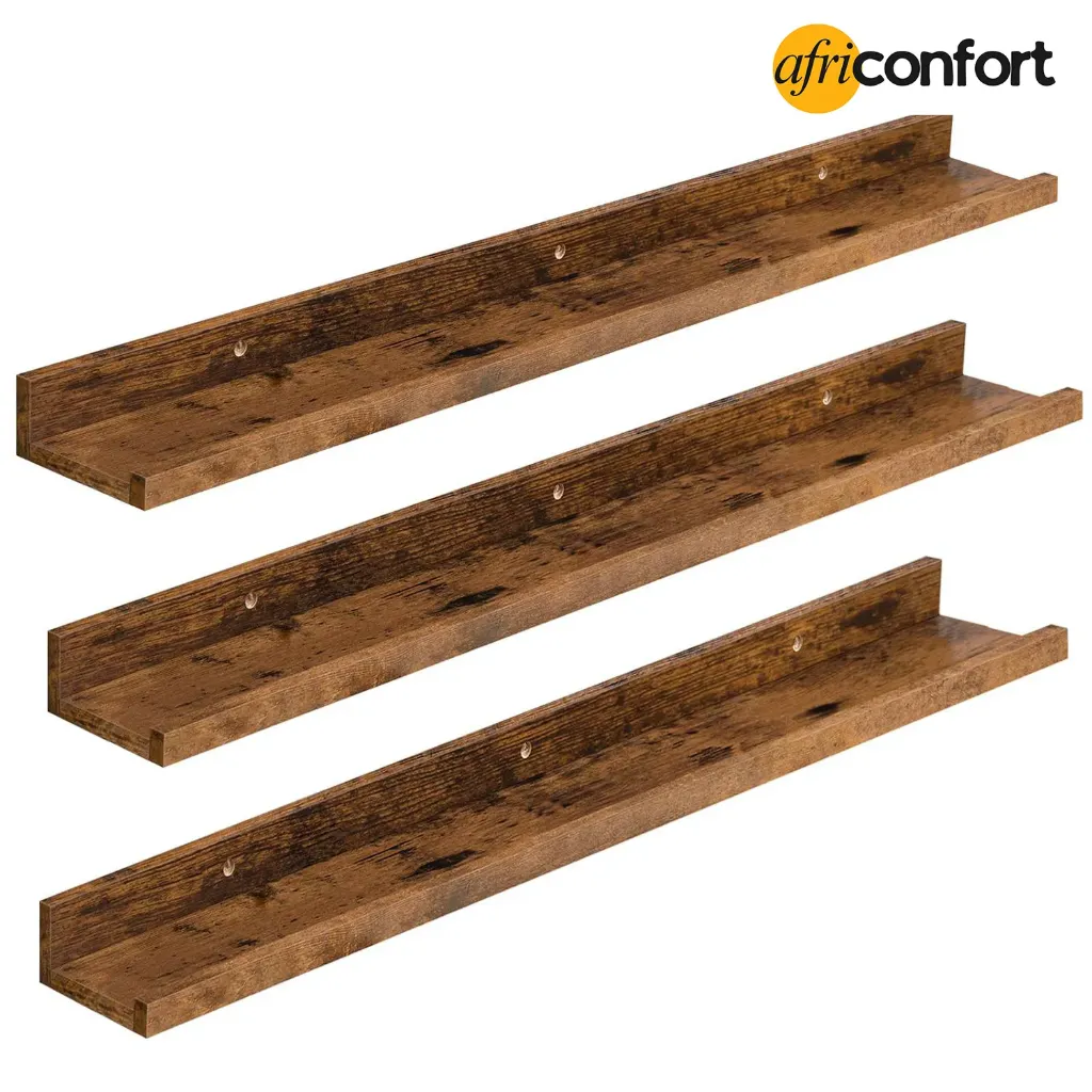 [BF90BJ01] Lot de trois étagères Flottantes, Étagères Murales, Lot de 3, Étagères Suspendues de 90 cm avec barrières surélevées et Attaches Invisibles, pour Salle de Bain, Chambre, Bureau, Marron Rustique: 90* 10*5cm