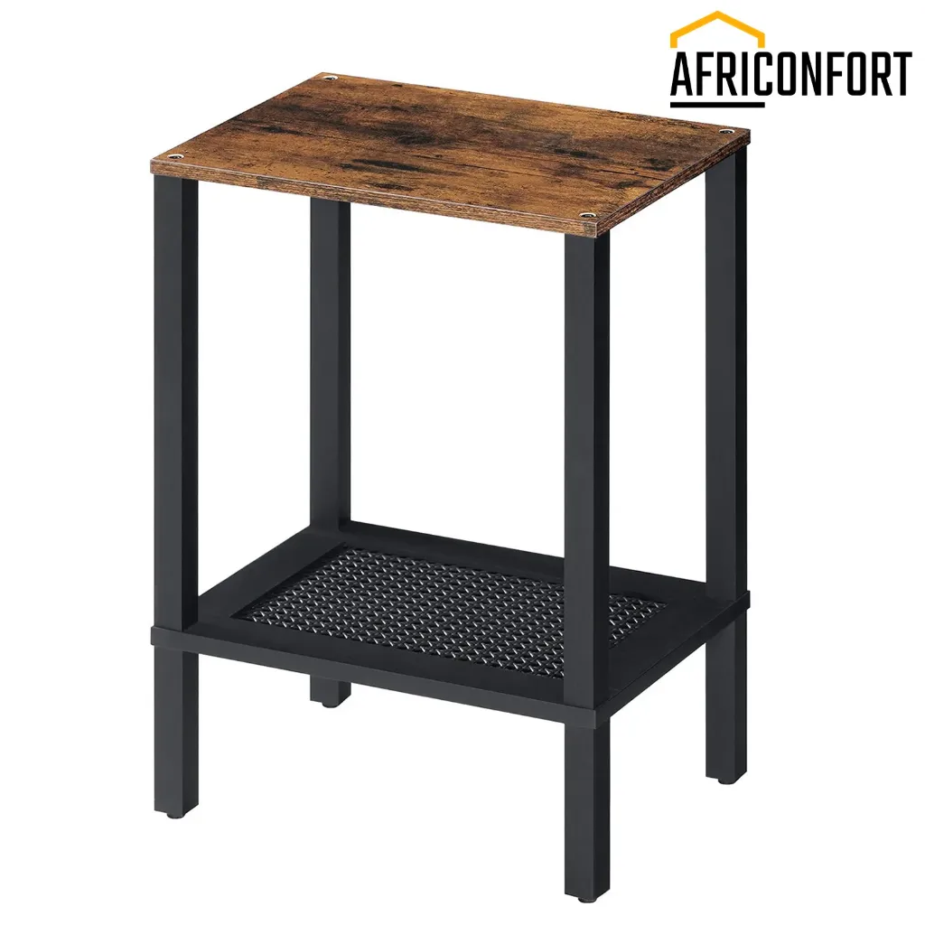 [BF91BZ01] Table d'appoint, petite table de chevet avec étagères de rangement à 2 niveaux, décor en imitation rotin, pour salon, chambre, marron rustique et noir: 38*28*56cm