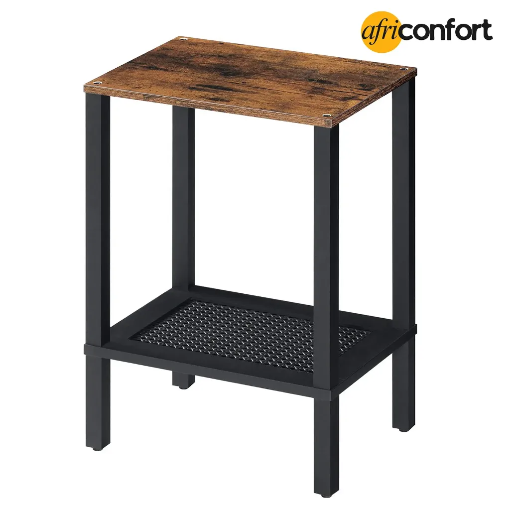 [BF91BZ01] Table d'appoint, petite table de chevet avec étagères de rangement à 2 niveaux, décor en imitation rotin, pour salon, chambre, marron rustique et noir: 38*28*56cm