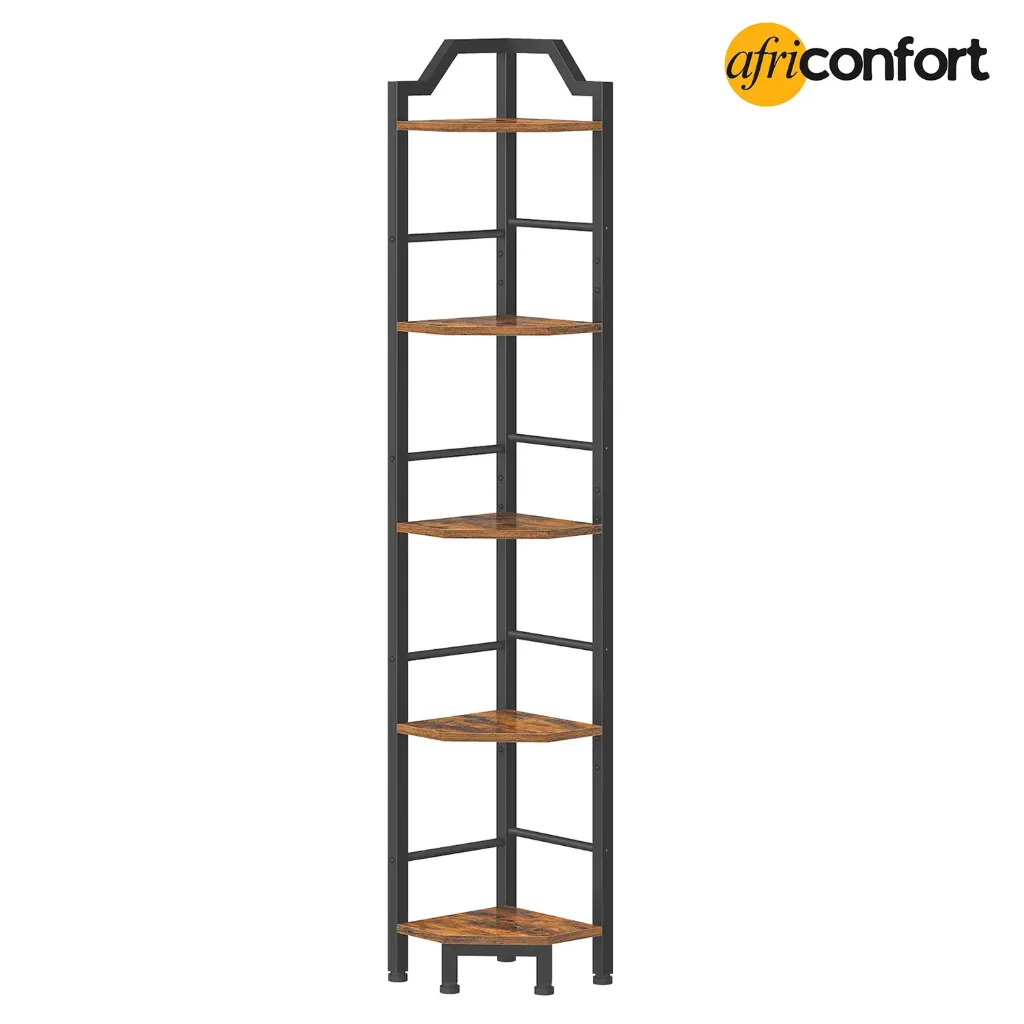 [BF100CJ01] Étagère d'angle, étagère d'angle à 5 niveaux, présentoir sur pied, bibliothèque d'angle, pour salon, chambre, bureau, cuisine, marron rustique et noir: 26*26*160cm